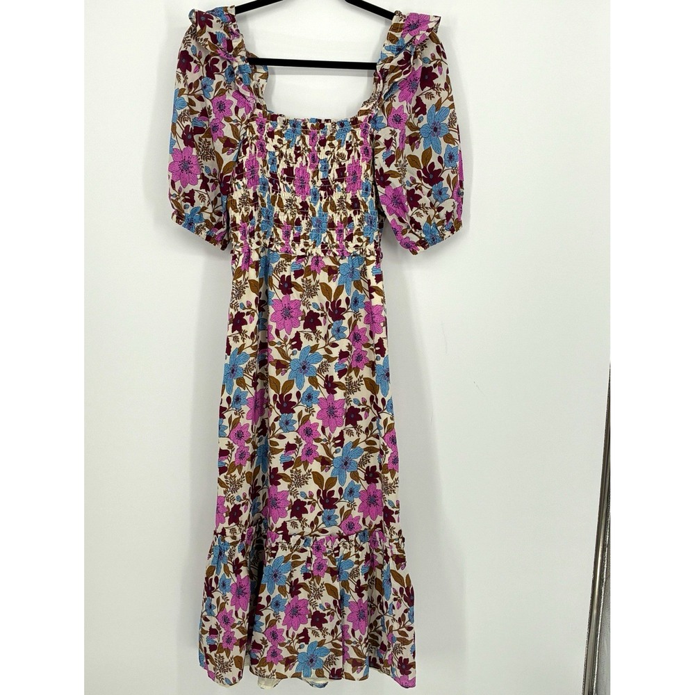 Vineyard Vines Floral Square Neck Puff Sleeve Ruffle Smocked Midi Dress XS